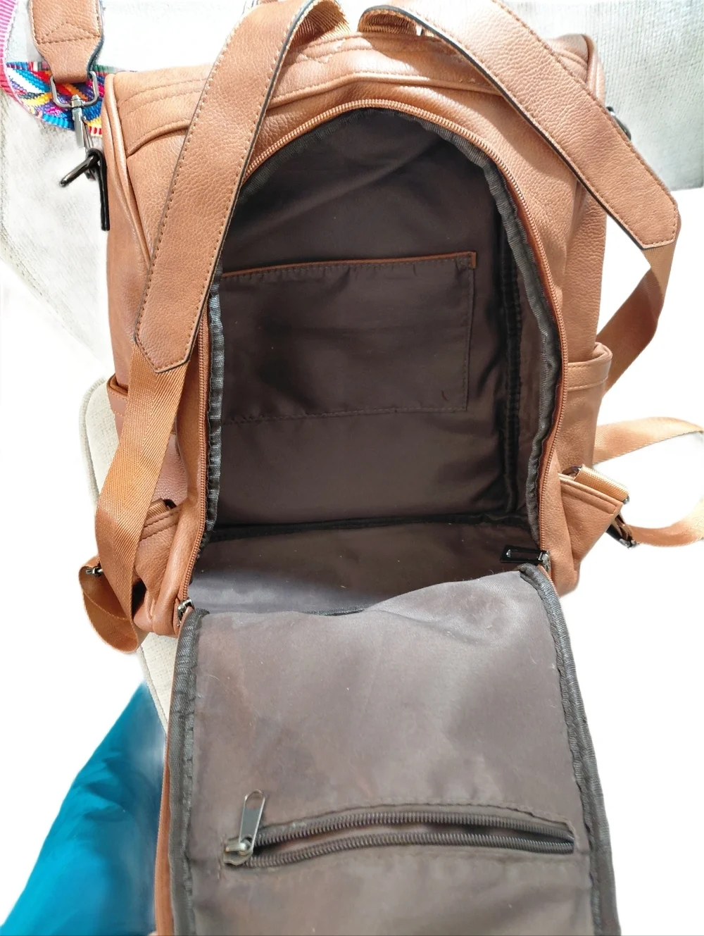 Brown Vegan Leather Backpack with Removable Pouch and Colorful Strap